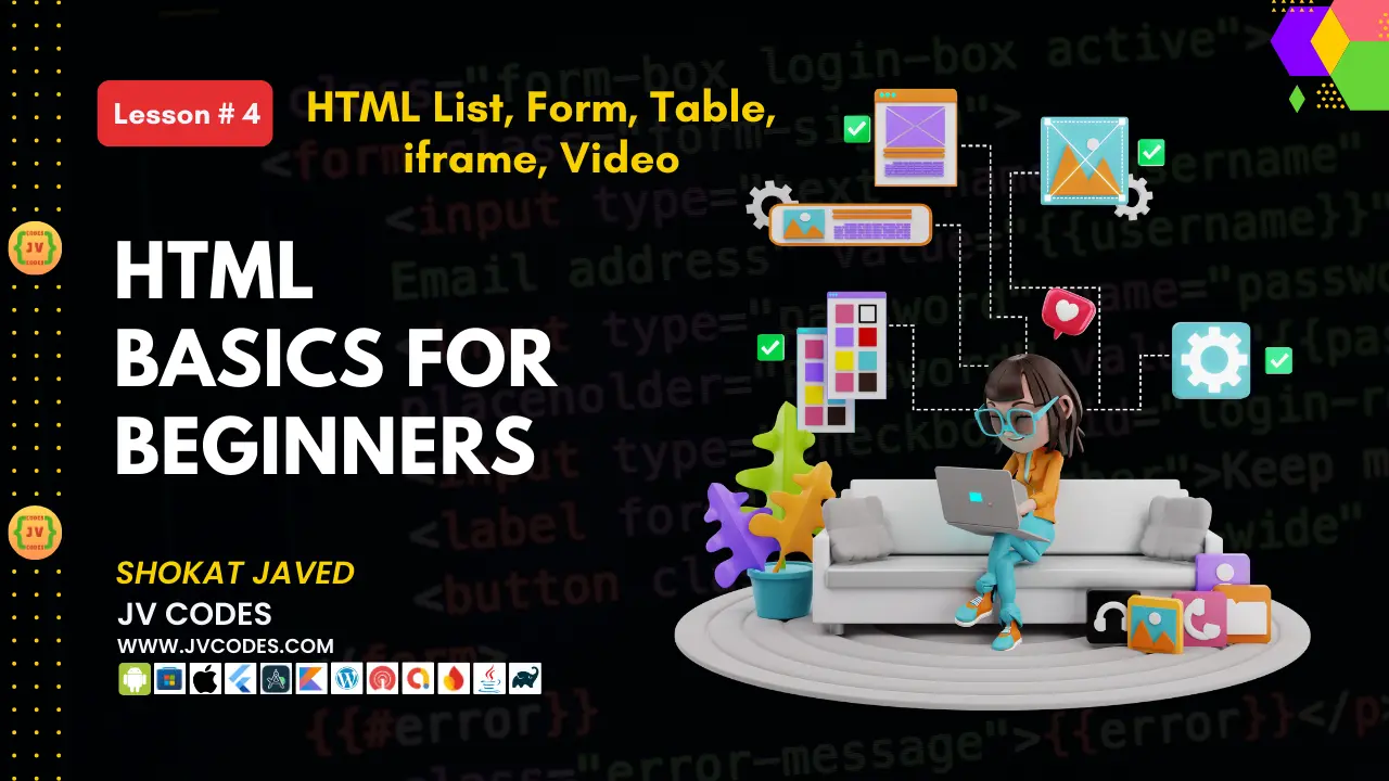 HTML Forms, Lists, Tables, iframe, Videos for beginners Lesson 4