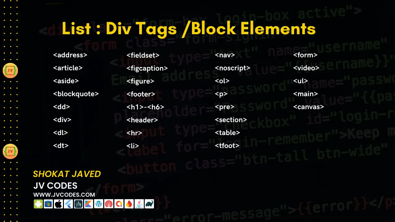 List of Div Tags Block Elements