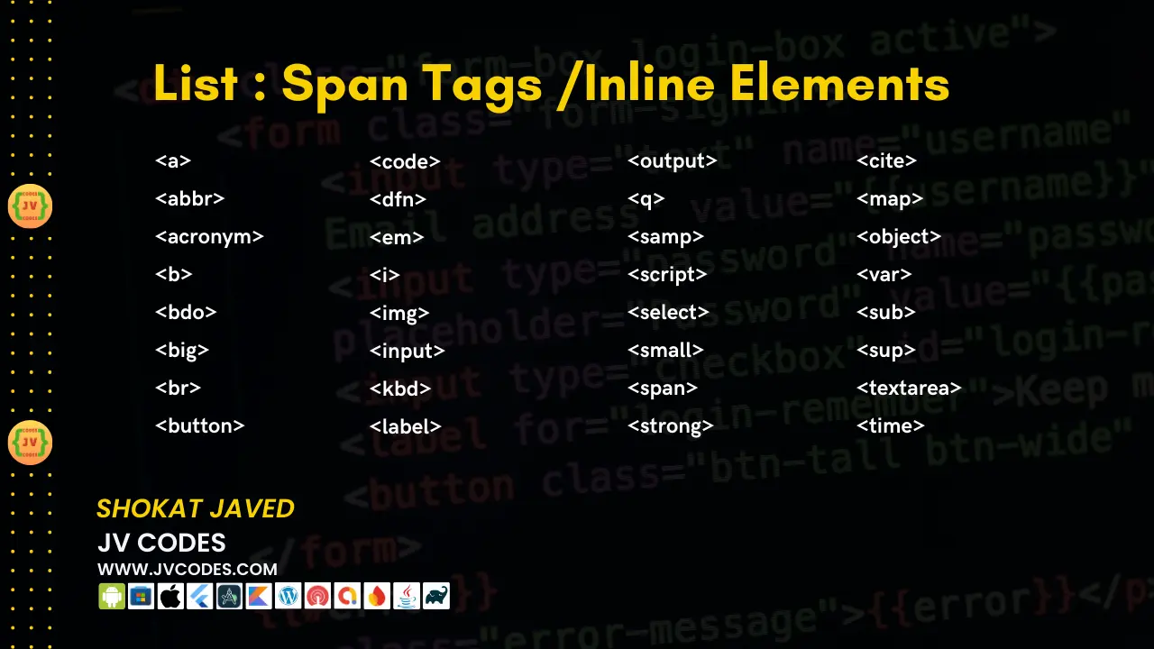 List of Span Tags Inline Elements