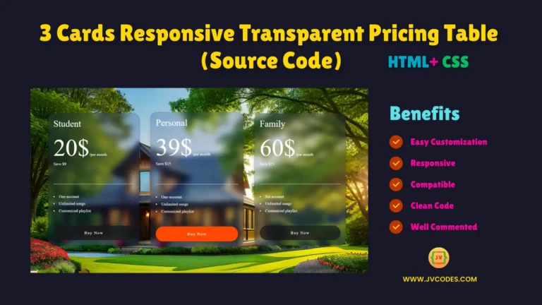 Responsive 3 cards – transparent pricing table using only html and css is an attractive design solution that improves the navigation.