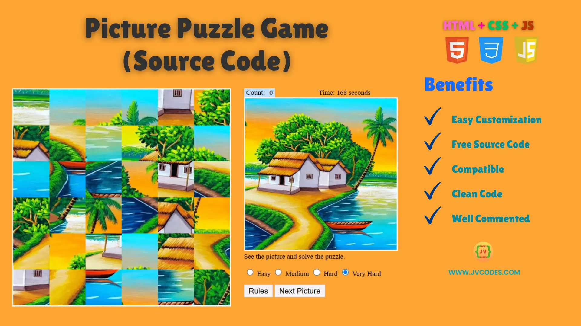 The Picture Puzzle Game Using HTML, CSS and JavaScript is very interesting and a good way to teach players to use their brain in order to solve problems.