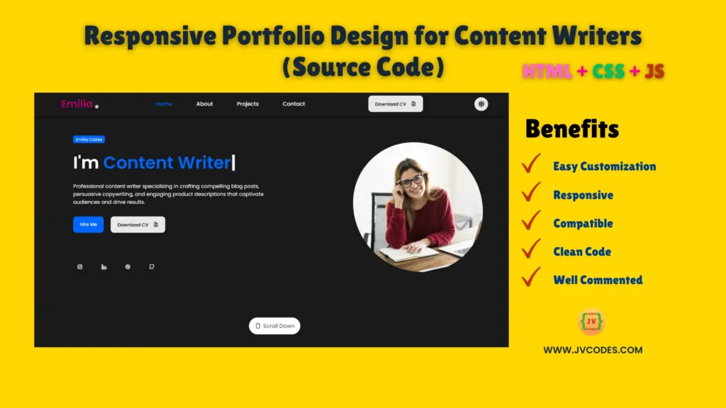 Responsive Portfolio Design for Content Writers Using HTML, CSS, and JavaScript will assist you in creating a quality site design.