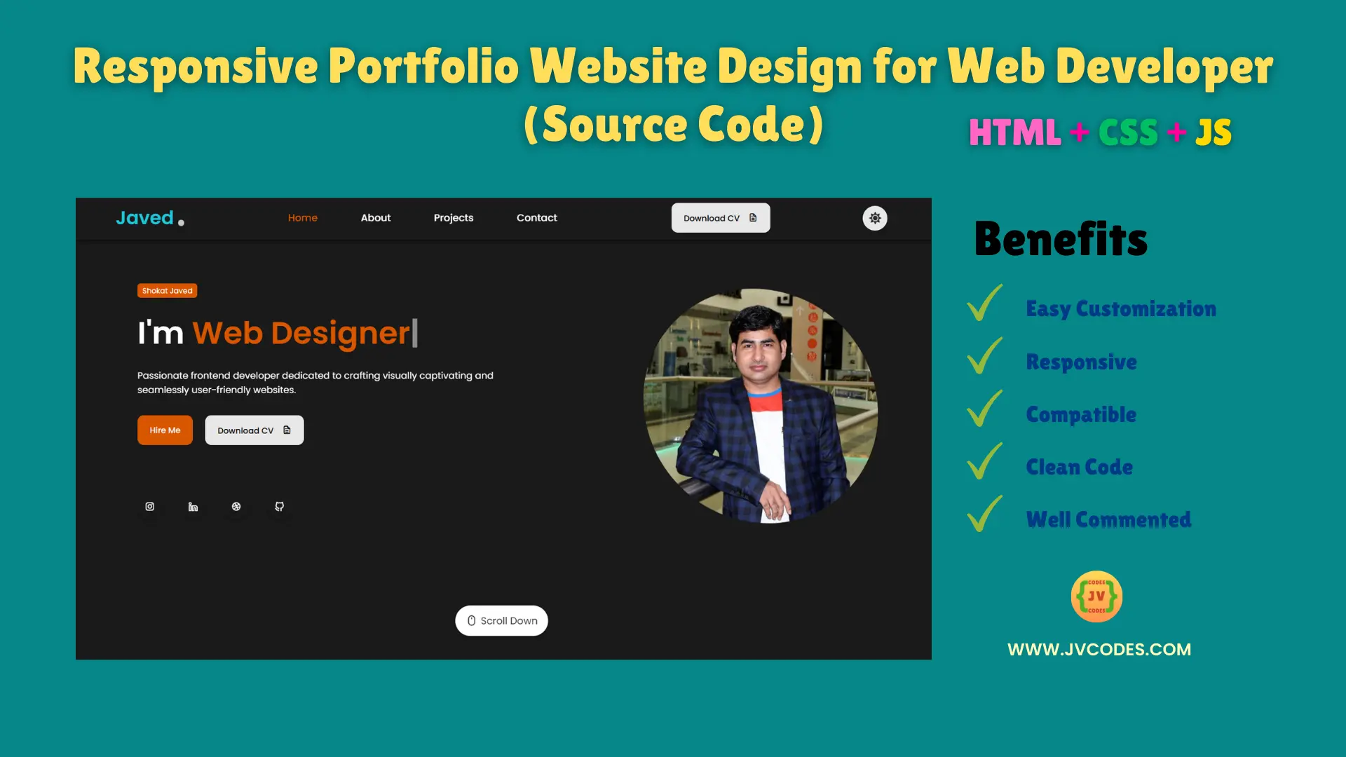 In this article, I am going to give you the free source code for your own Responsive Portfolio Website Design of Web Developer Using HTML, CSS and JavaScript easily.