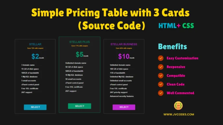 In this blog post, I would like to give you a chance to download free source code of Simple Pricing Table with 3 Cards, made in HTML and CSS.