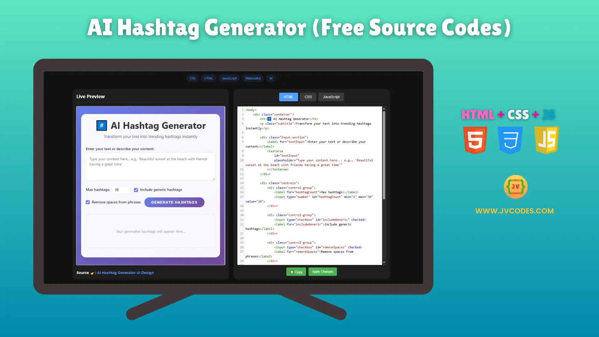 The AI Hashtag Generator UI Design is designed to be modern and simple, so users can easily create hashtags.