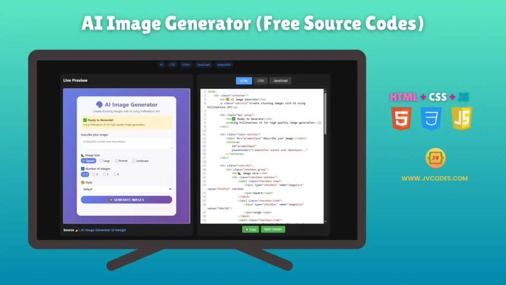 The AI Image Generator is a modern and stylish template that shows how images can be created using AI. I’m making this source code available for free, built with clean HTML, CSS, and JavaScript, and designed to be easy to customize and learn from.