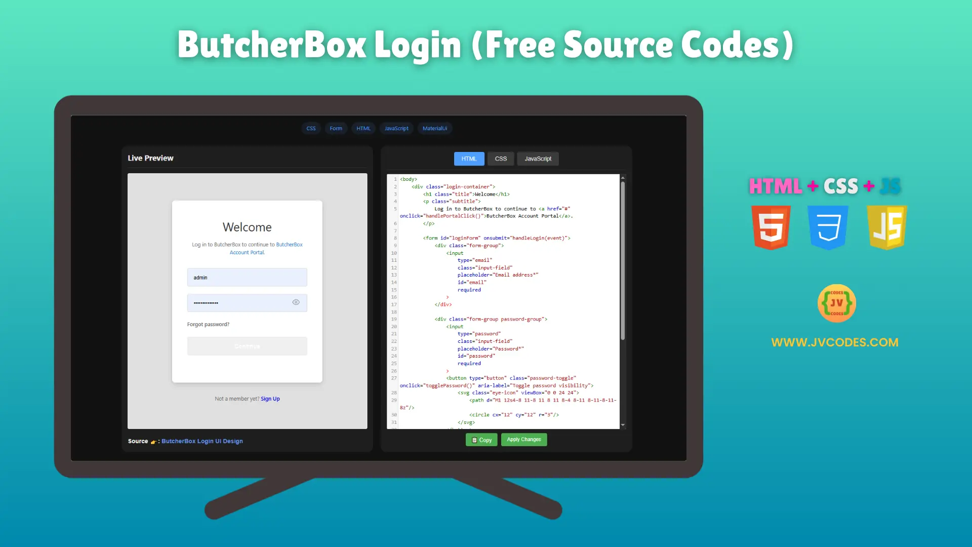If you are looking for a simple and neat login page, try this ButcherBox Login UI Design Using HTML, CSS, and JavaScript.
