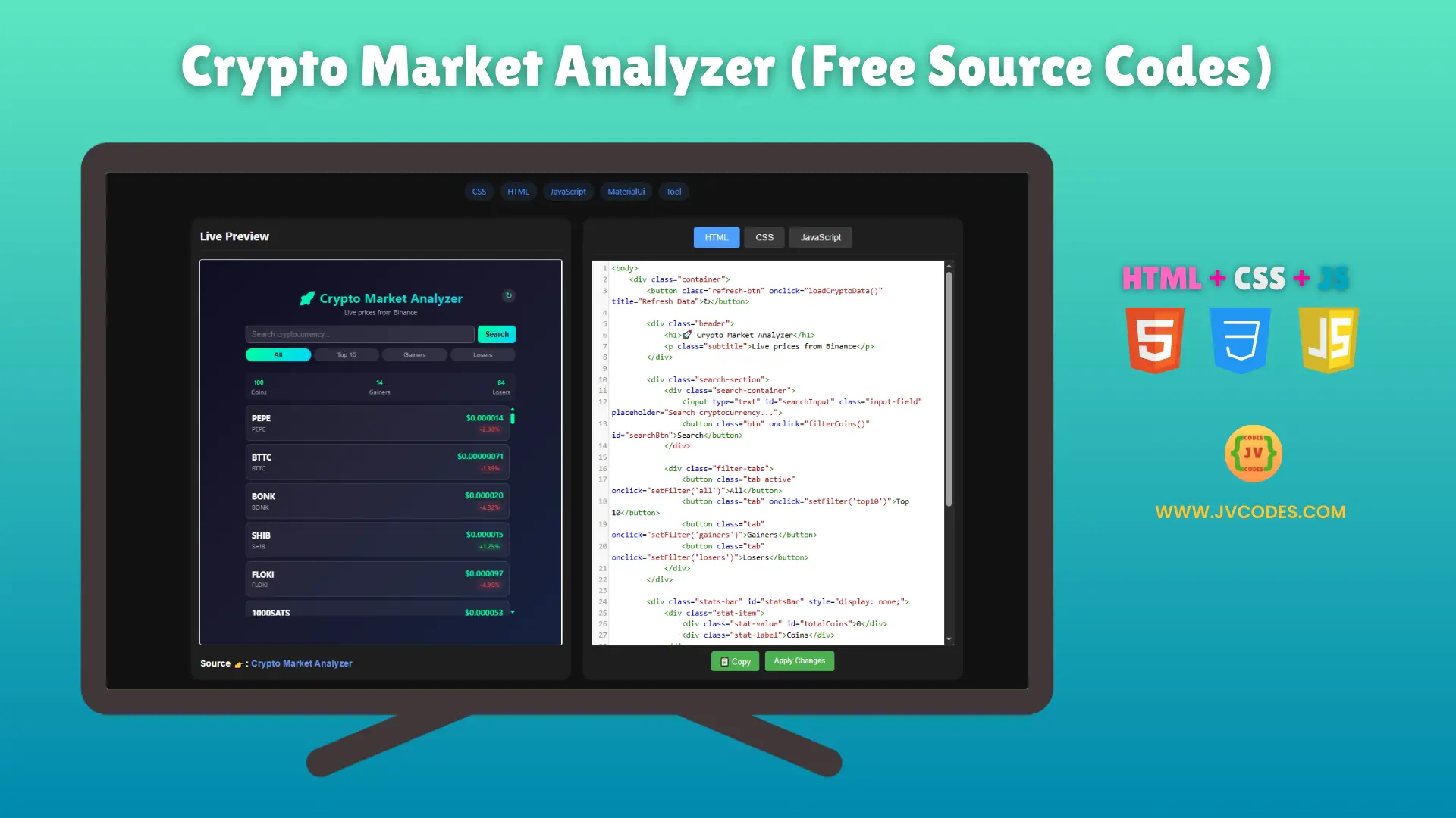The Crypto Market Analyzer has a sleek, flexible, and modern design that helps you see cryptocurrency trends with its dynamic elements.