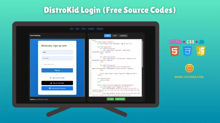 If you want to create a modern and attractive login form, this DistroKid Login UI Design Using HTML, CSS, and JavaScript is perfect for you.
