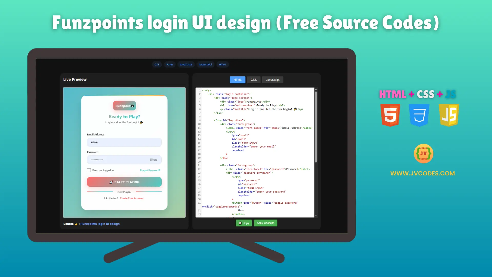 Funzpoints login UI design Using HTML, CSS and JavaScript (Free Source Code)
