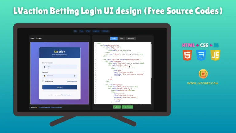 LVaction Betting Login UI Design is a fresh and interactive login screen made for betting or gaming sites. I’m providing you with the source code for this website, which is fully functional and responsive, at no cost.