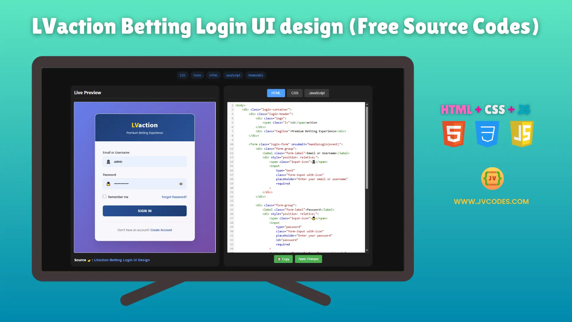 LVaction Betting Login UI Design is a fresh and interactive login screen made for betting or gaming sites. I’m providing you with the source code for this website, which is fully functional and responsive, at no cost.