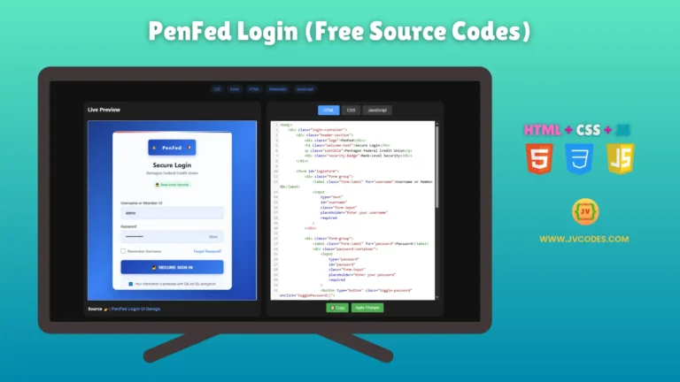 The login form for PenFed Login is designed professionally using HTML, CSS, and JavaScript. The code is written using best practices, so it is simple to customize and runs smoothly.