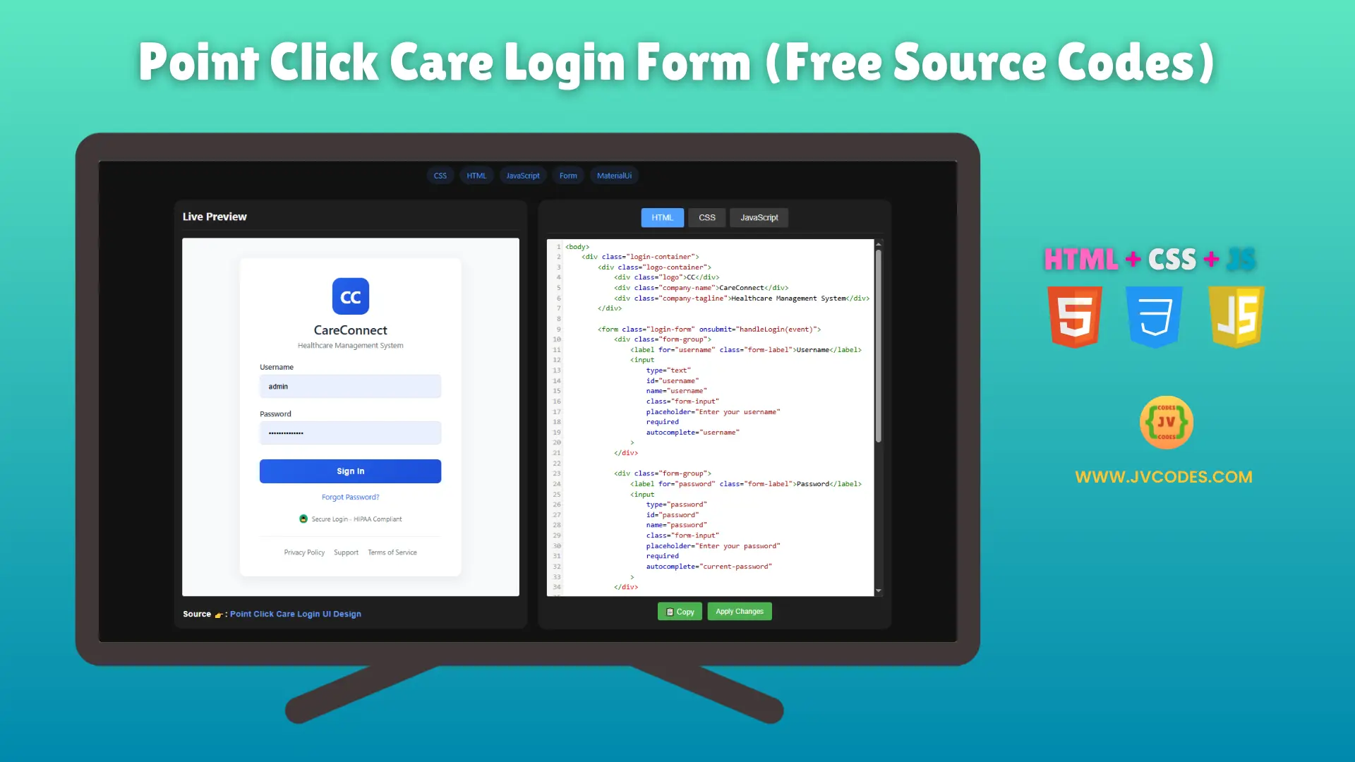 The Point Click Care Login form is designed using HTML, CSS, and JavaScript to ensure it is both sleek and secure.