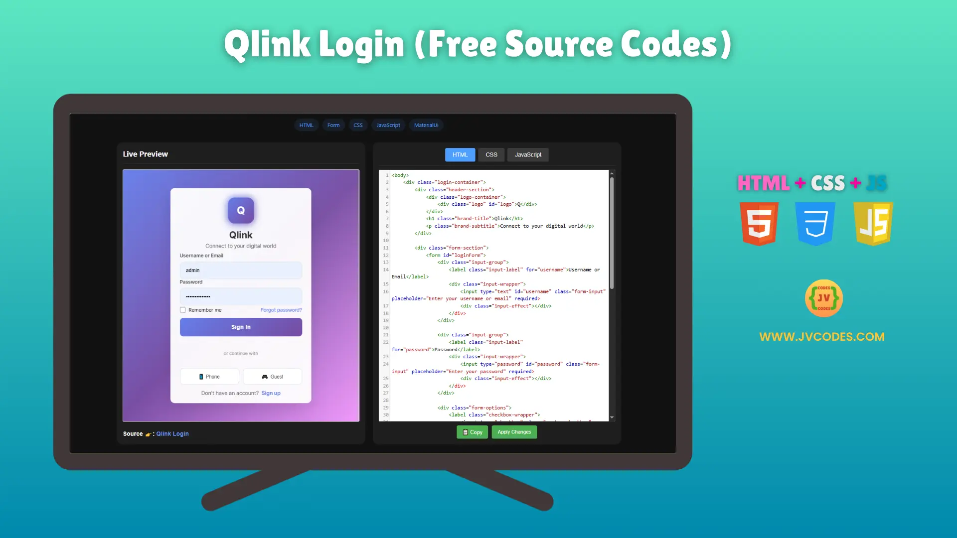 Qlink Login Using HTML, CSS and JavaScript (Free Source Code)