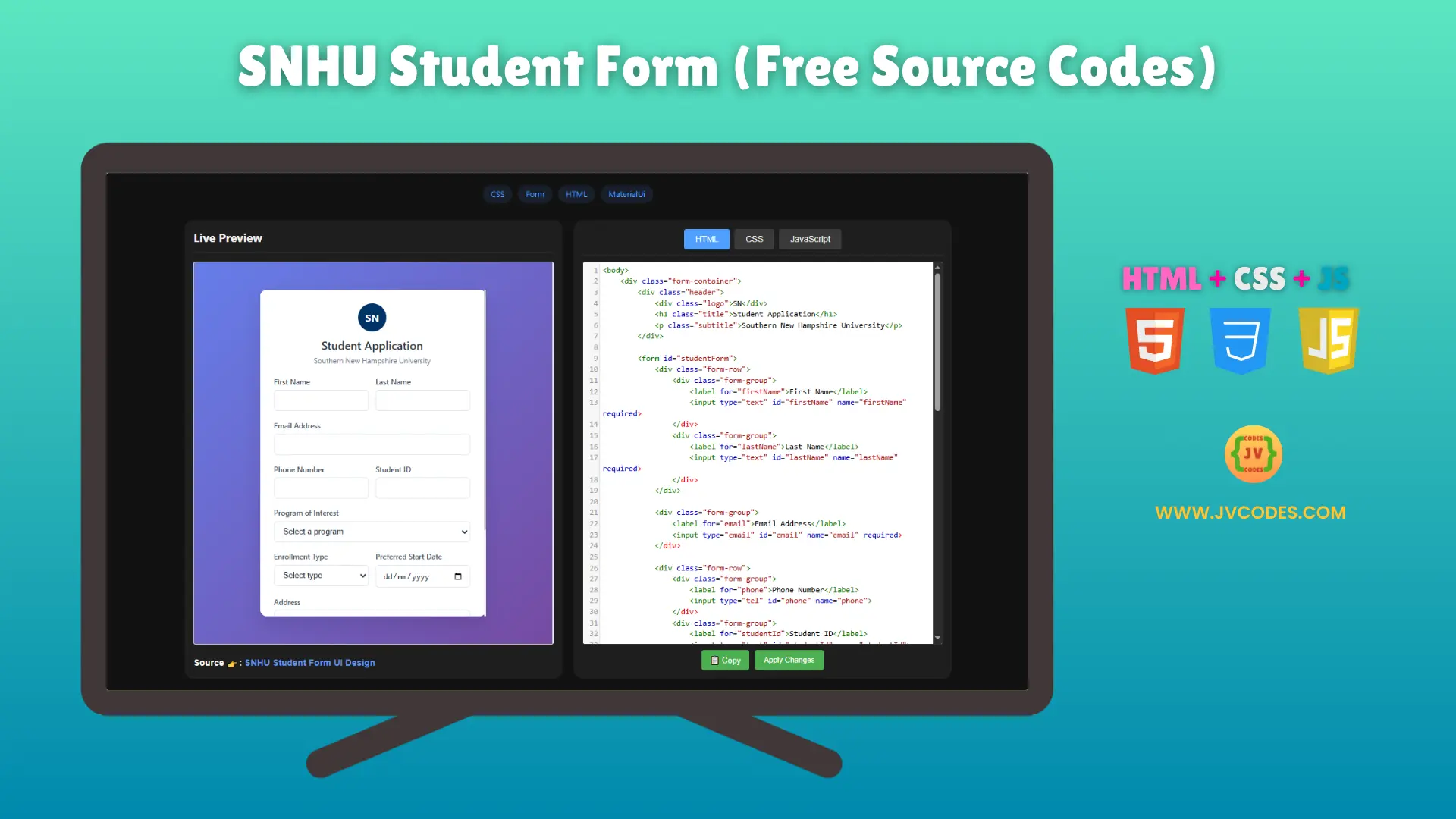 The SNHU Student Form is designed with clean HTML, CSS, and JavaScript code for easy use. This source code is free and designed with best practices so that it can be easily modified and used on any website or academic project.