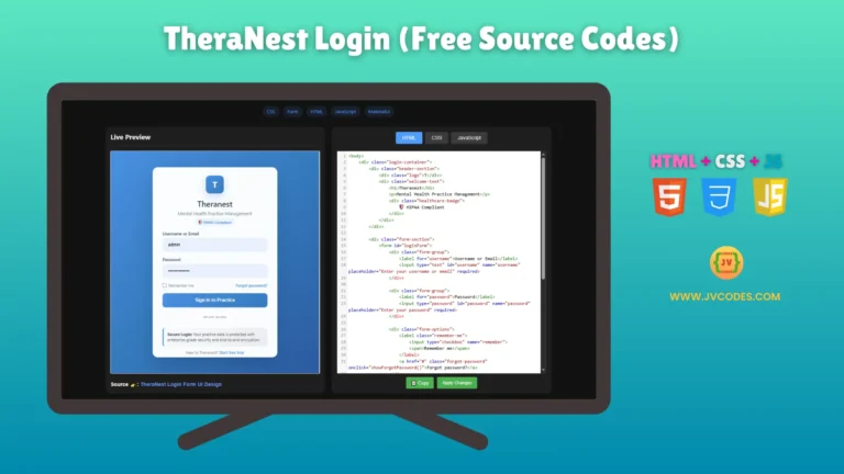 The TheraNest Login UI Design is a simple, professional, and easy-to-use login interface that uses HTML, CSS, and JavaScript.