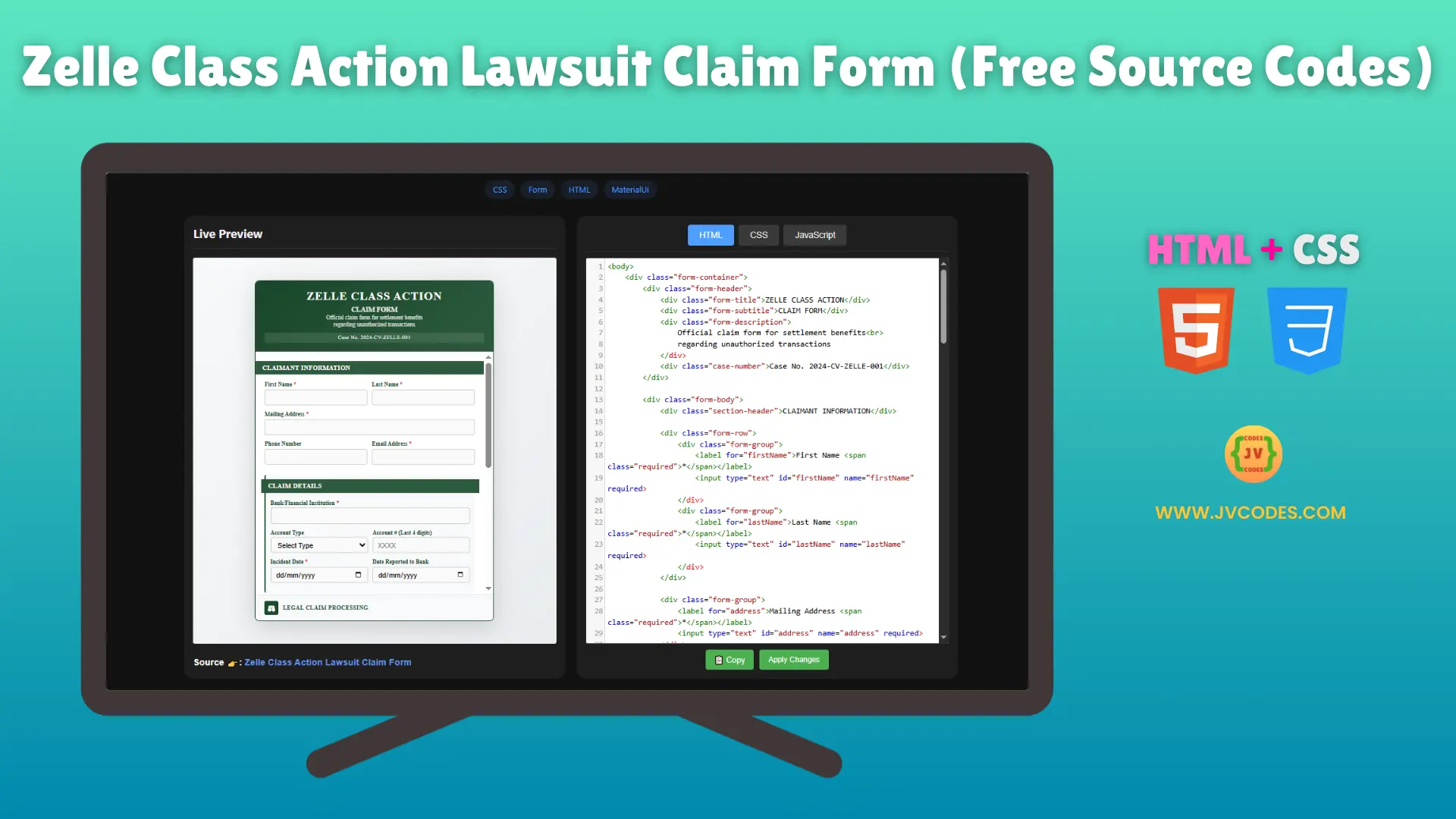 The Zelle Class Action Lawsuit Claim Form is built using HTML and CSS and is easy to use. Because it is built with good programming, this free source code is easy to use, customize, and add to any current website.