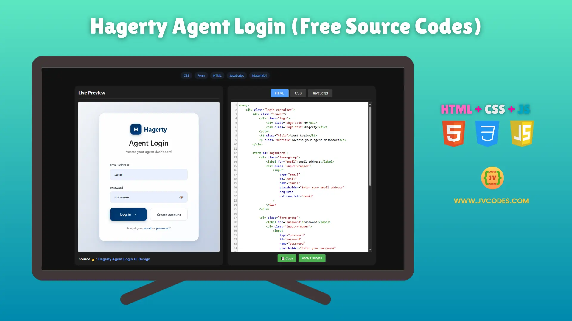 Hagerty Agent Login UI Design Using HTML, CSS, and JavaScript is a clean and modern user interface created for beginners and junior developers.