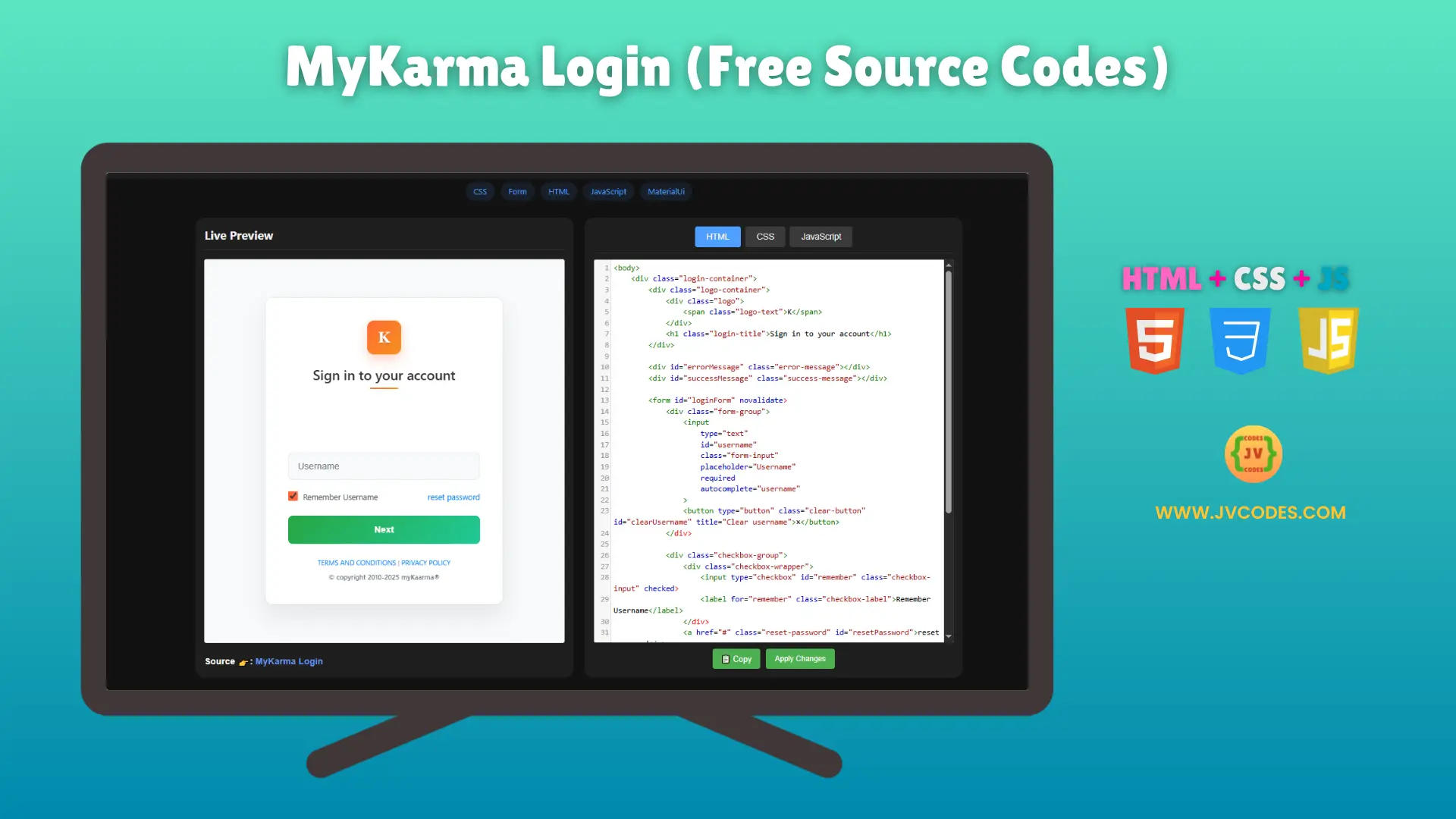 MyKarma Login UI Design, using HTML, CSS, and JavaScript, is a clean and straightforward login form designed for modern websites.