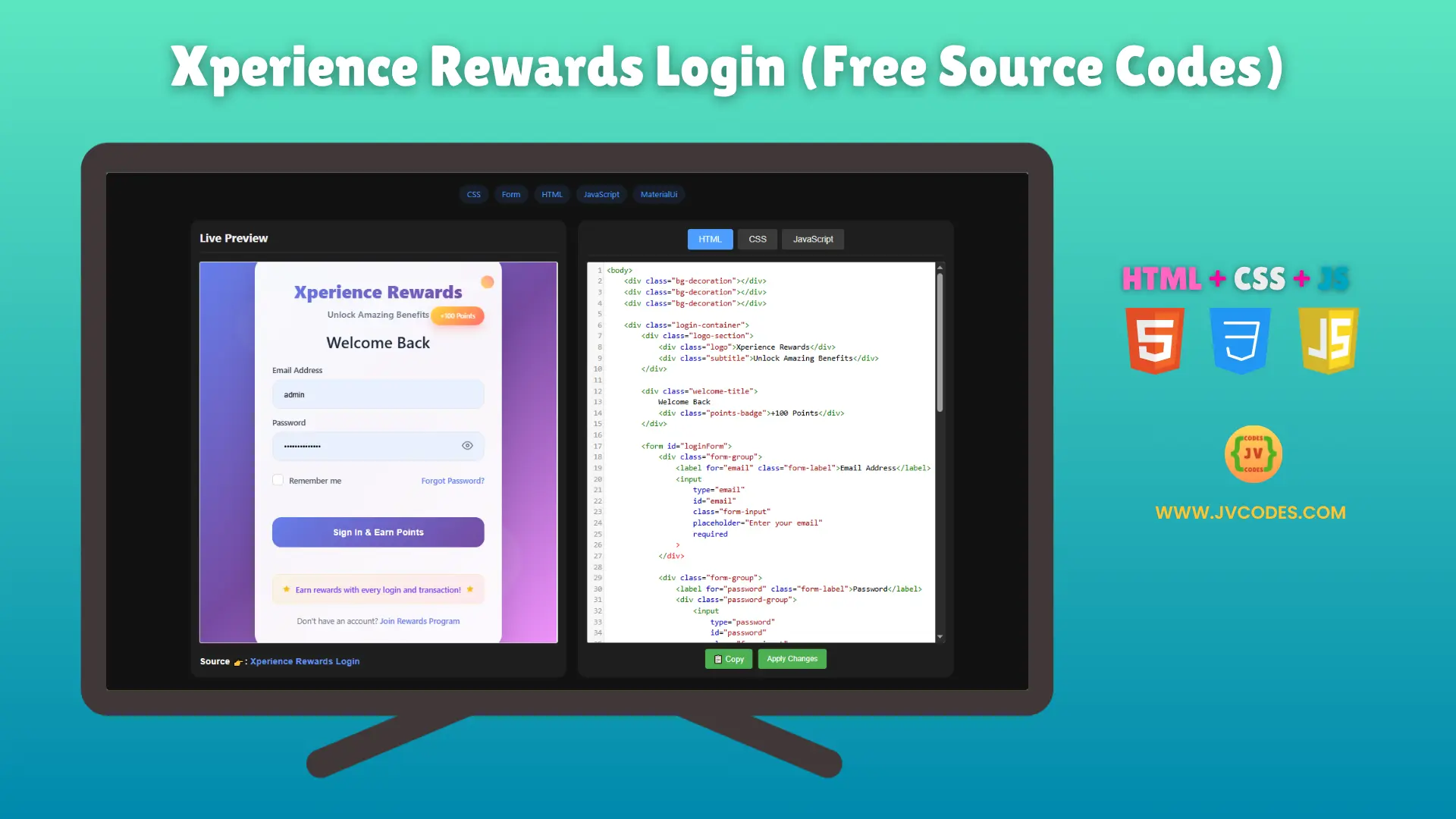 Xperience Rewards Login UI Design, using HTML, CSS, and JavaScript, presents a clean and modern login interface.