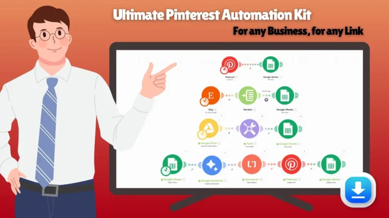 Automate Pinterest marketing with AI-powered workflows. Save time, boost traffic & sales. Etsy Pinterest automation blueprint with Make.com templates.