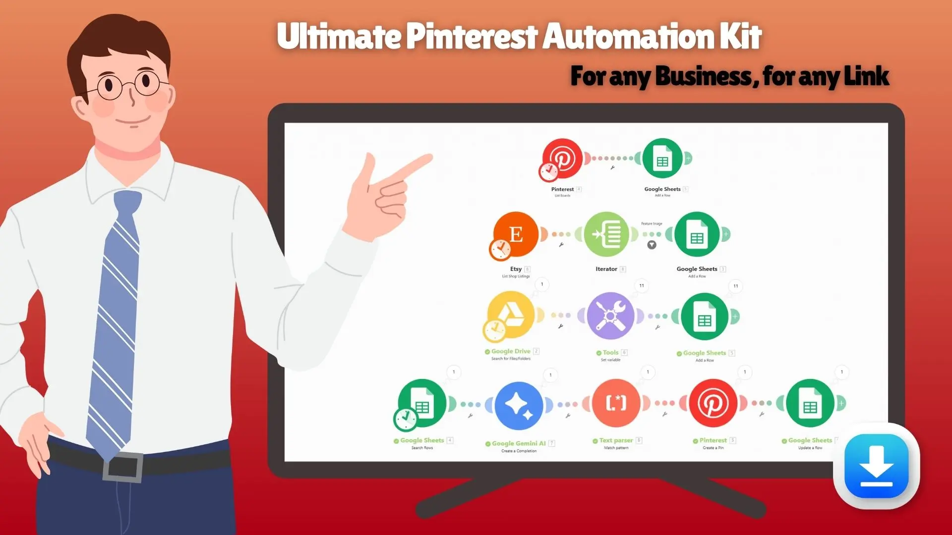 Automate Pinterest marketing with AI-powered workflows. Save time, boost traffic & sales. Etsy Pinterest automation blueprint with Make.com templates.
